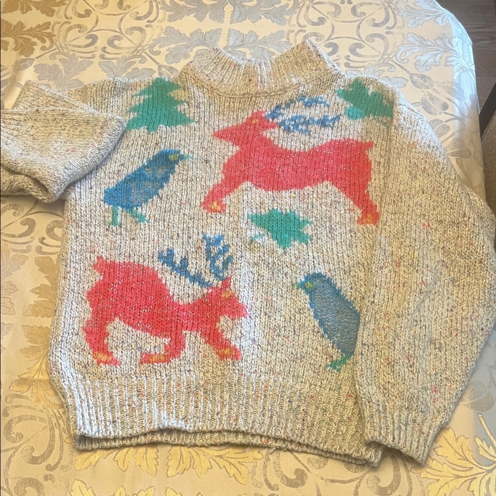 Colorful Reindeer and Bird Pattern Sweater